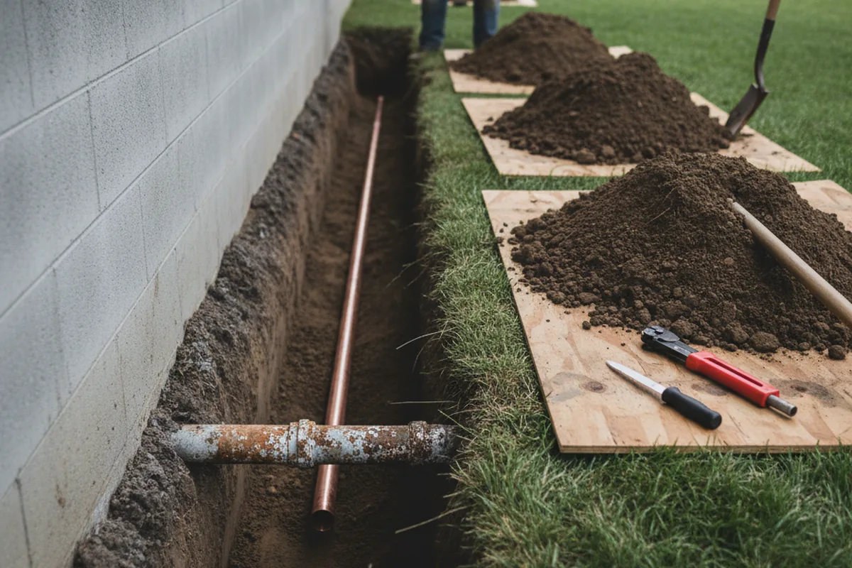 Excavated water line trench during Sewer Line Repair in Burnt Cabins